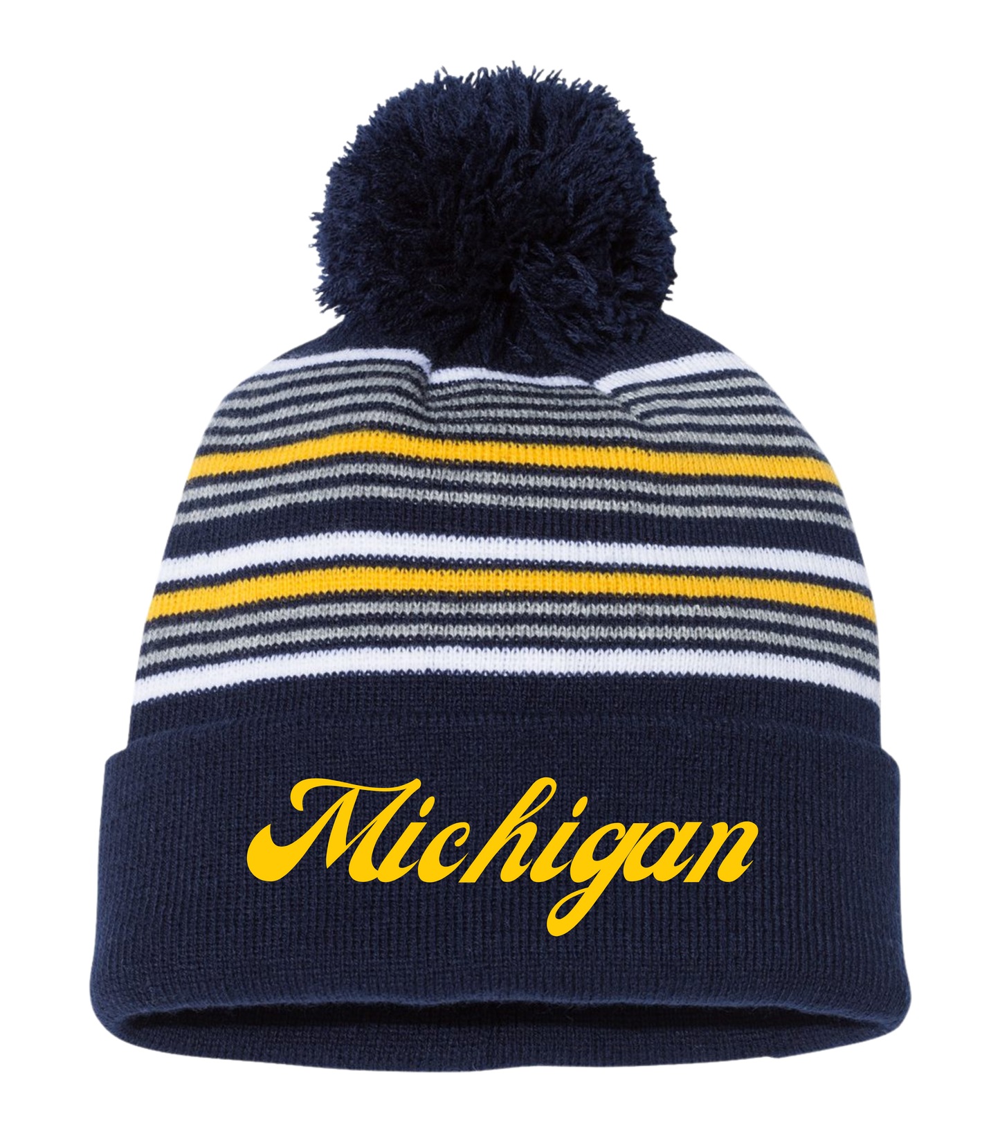 Michigan Striped Embroidered Pom Beanie