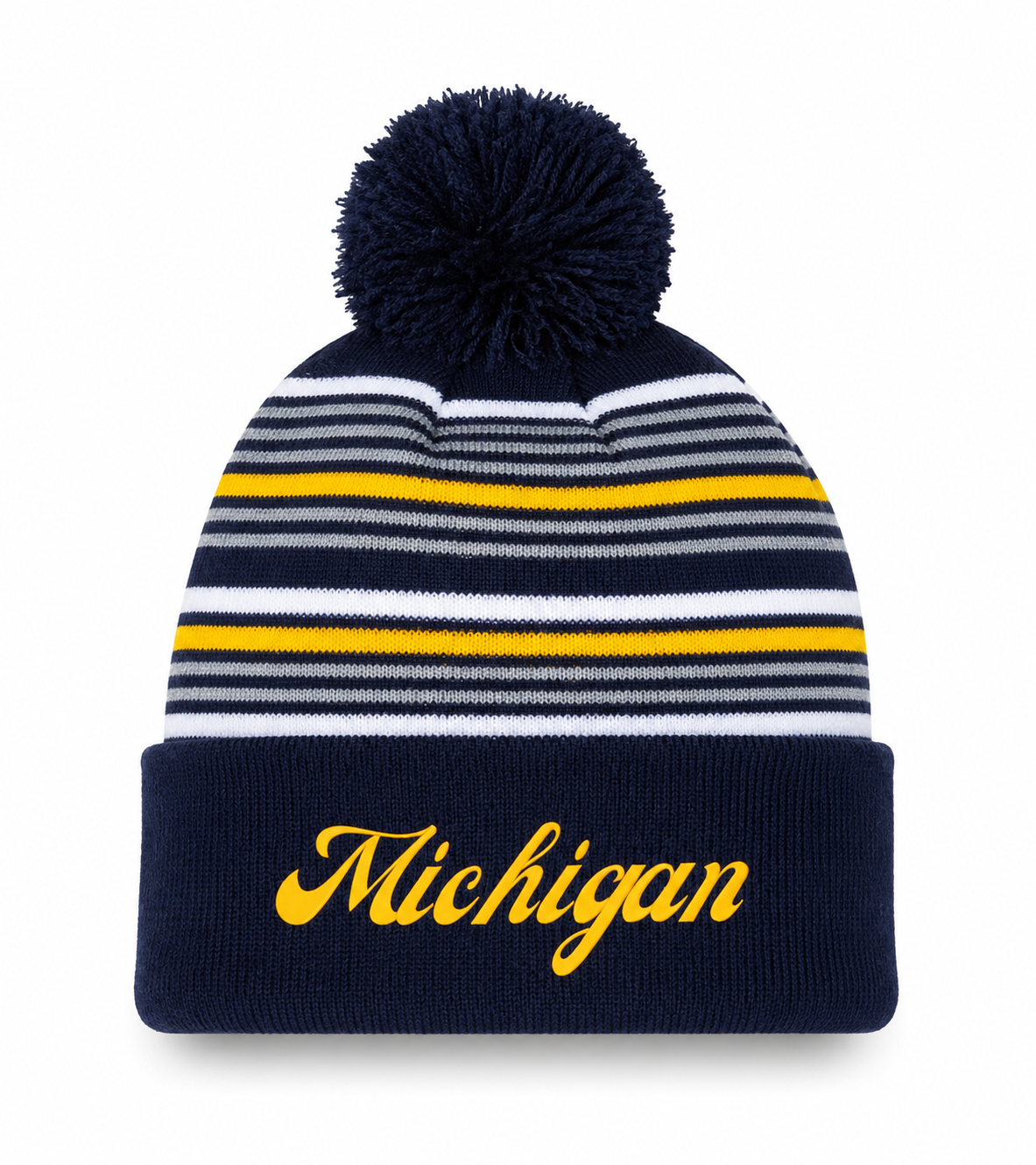 Michigan Striped Embroidered Pom Beanie