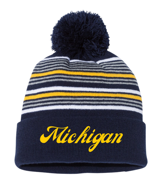 Michigan Striped Embroidered Pom Beanie
